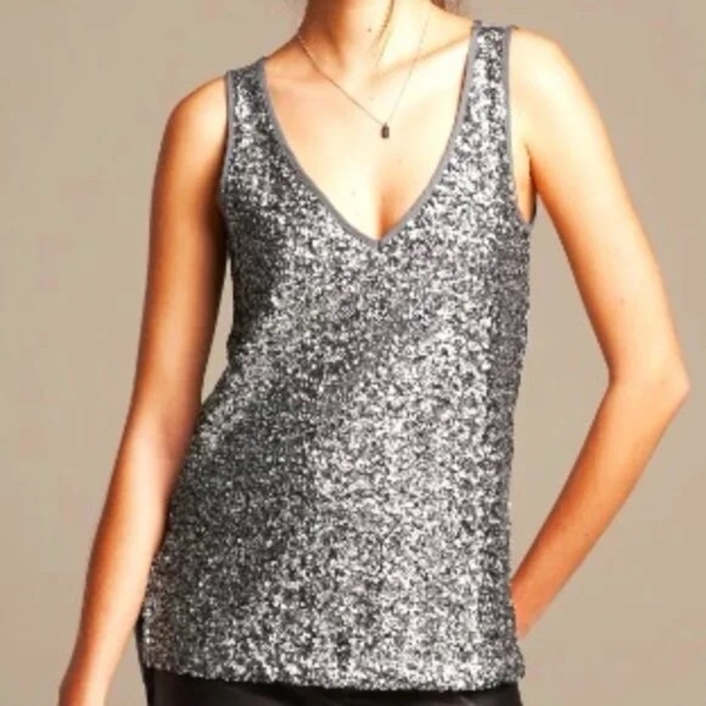 Banana Republic Silver Grey Sequin V-Neck Sleeveless Jersey Tank Top, size S - Picture 14 of 14